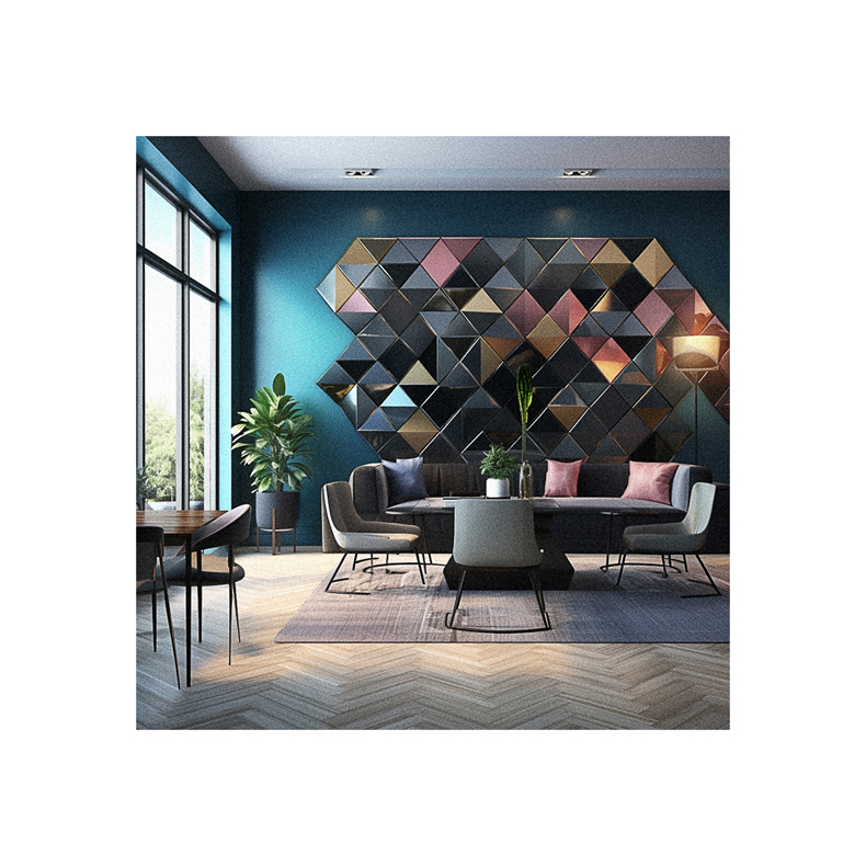 A living room with a geometric wall featuring 3D wallpaper.