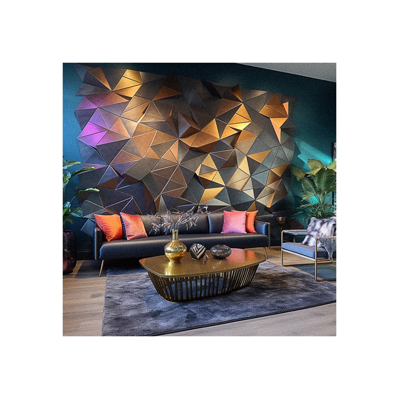 A living room with a geometric 3D wallpaper.