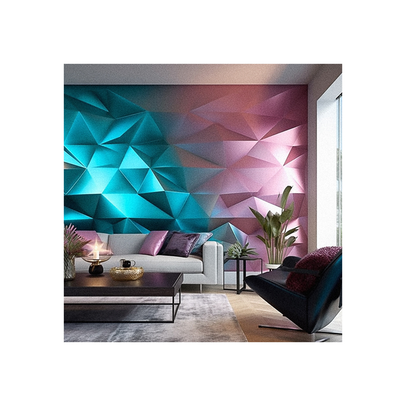 A living room with a blue and pink geometric wall, decorated with 3D wallpapers.