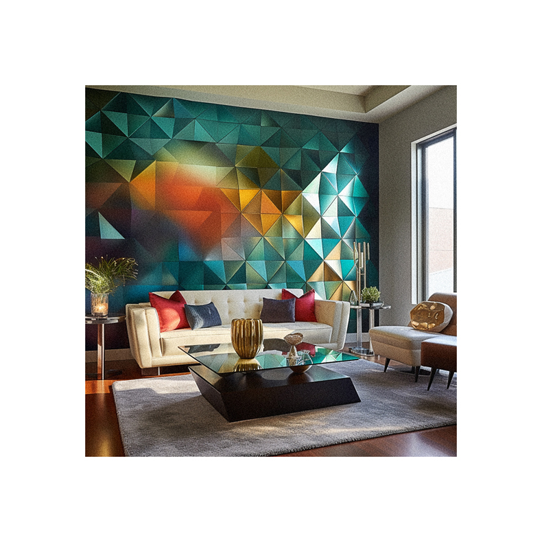 A living room with a vibrant geometric wall mural for home decor.
