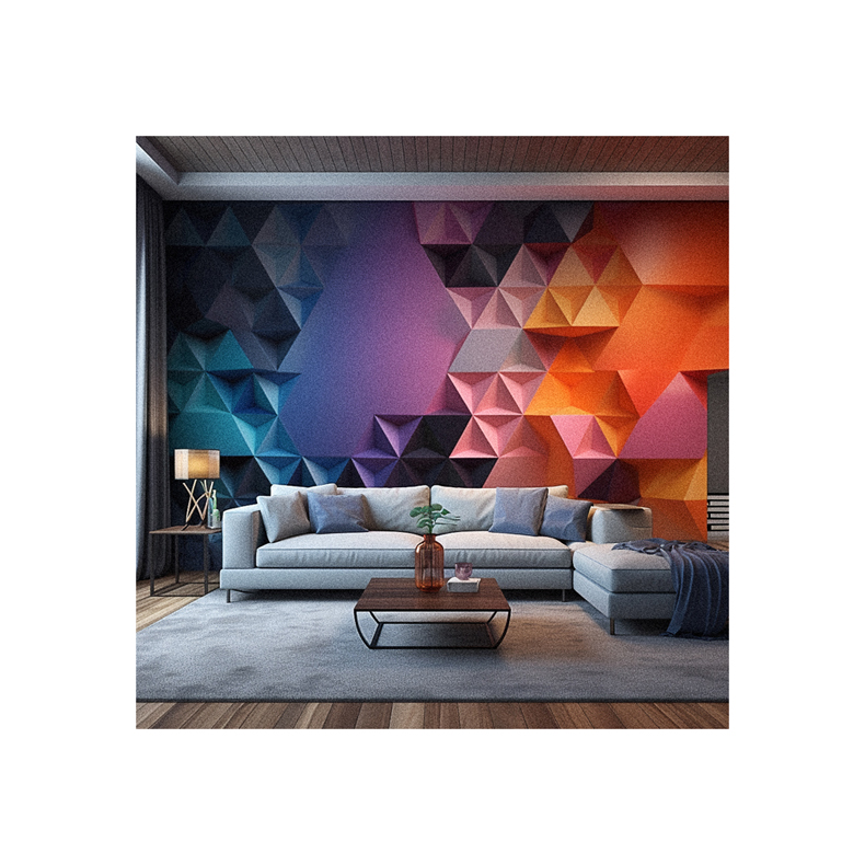 A living room with a vibrant 3D wall mural.