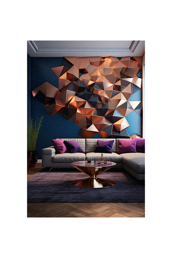 A living room with a geometric wall decorated with 3D wallpaper for home decor.