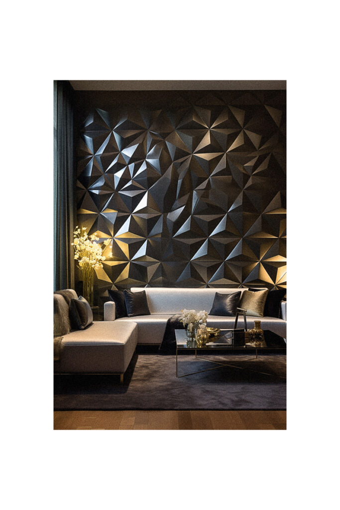 A living room with a black and white geometric wall decorated with 3D wallpapers.