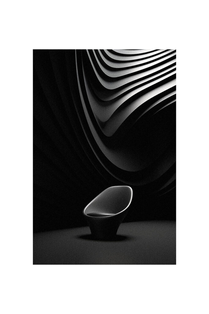 A black and white photo of a chair in a room that can be used as a 3D wallpaper for home decor.
