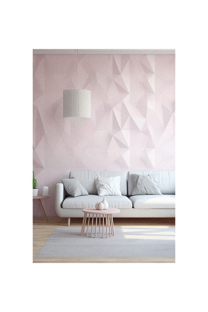A living room with a pink wall featuring 3D wallpaper.