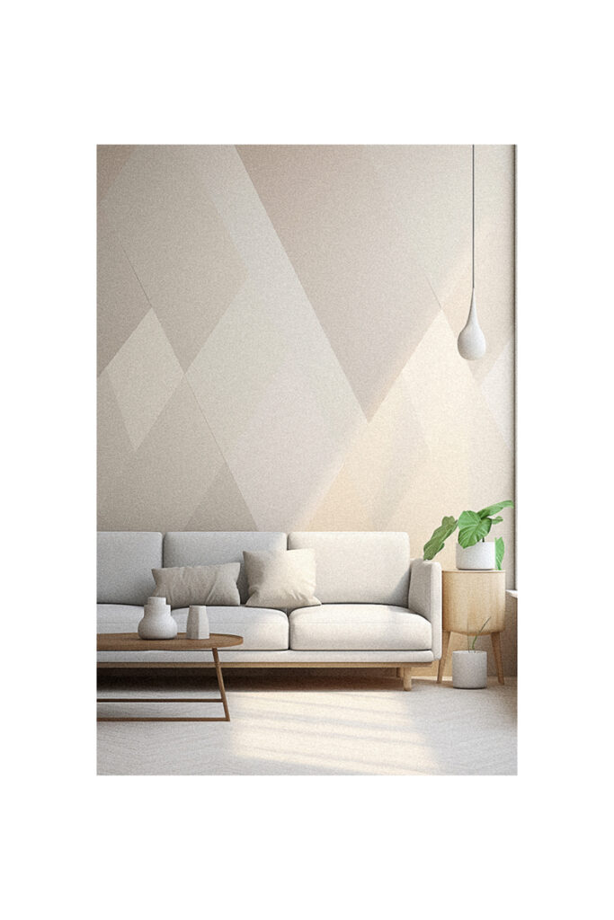 A living room with beige walls and a white couch featuring home decor wallpapers.