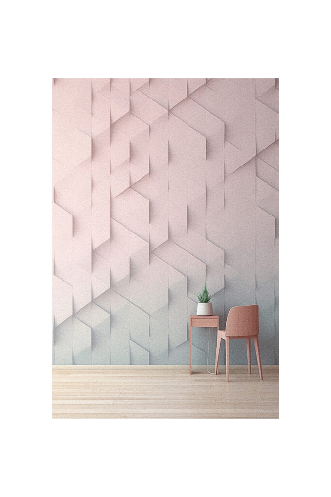 A room with a pink and blue geometric 3D wall mural.