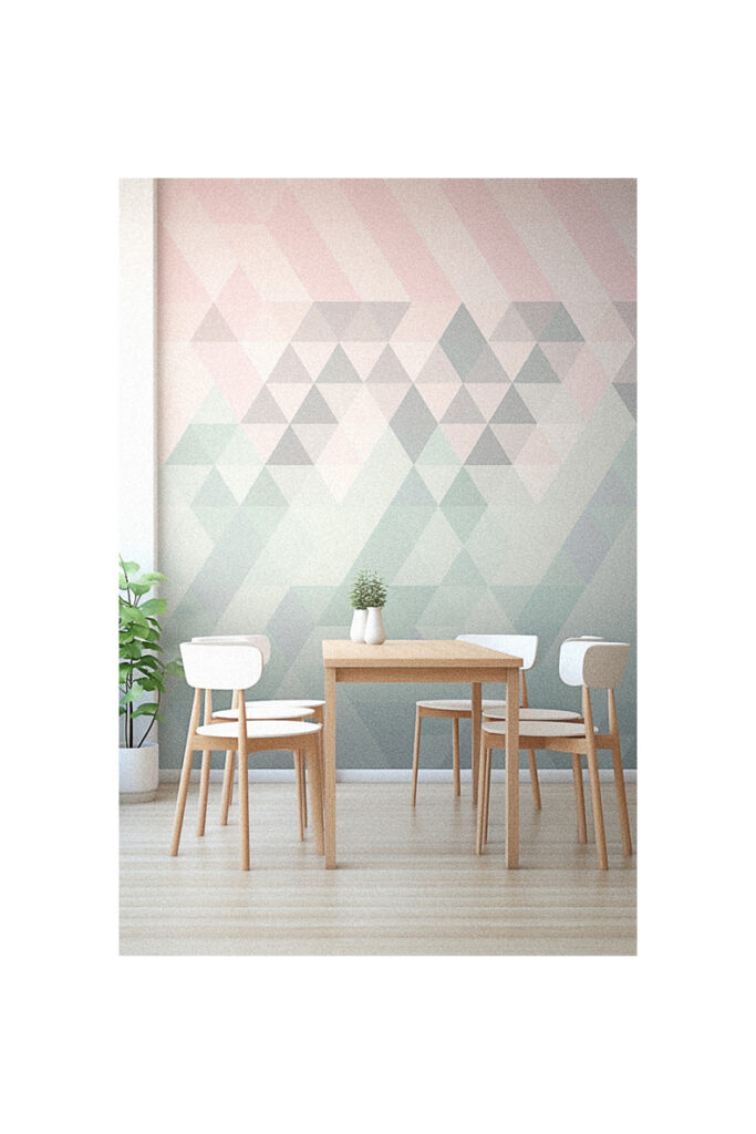 A dining room with a vibrant geometric wall mural.