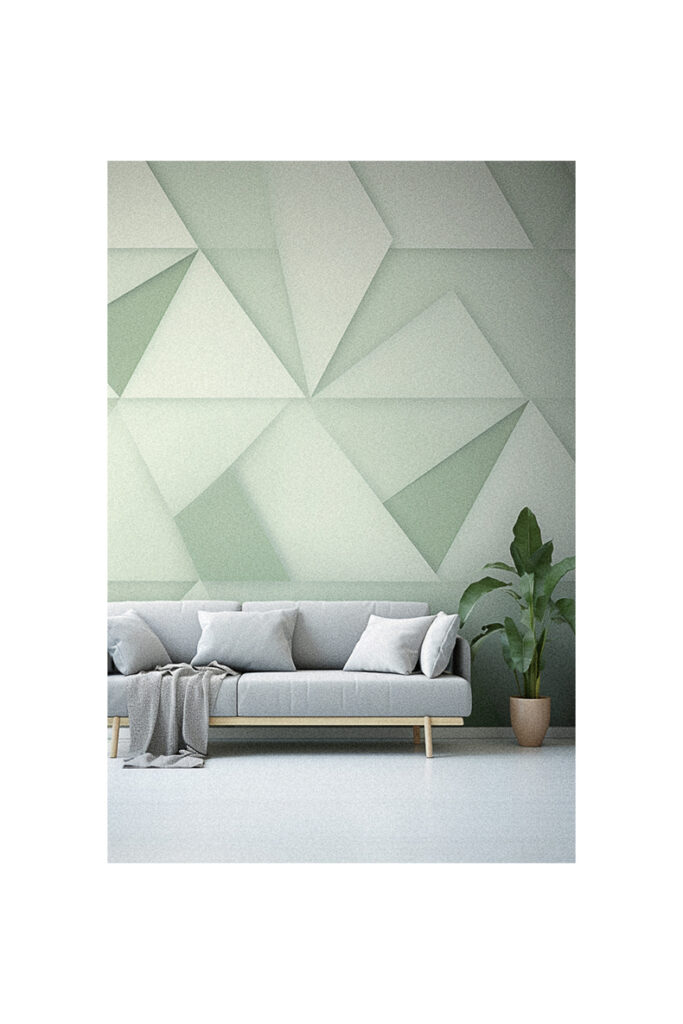 A living room with a geometric wall.