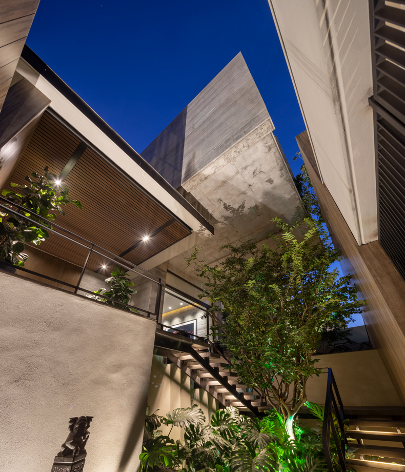 A modern house with stairs and plants at night.