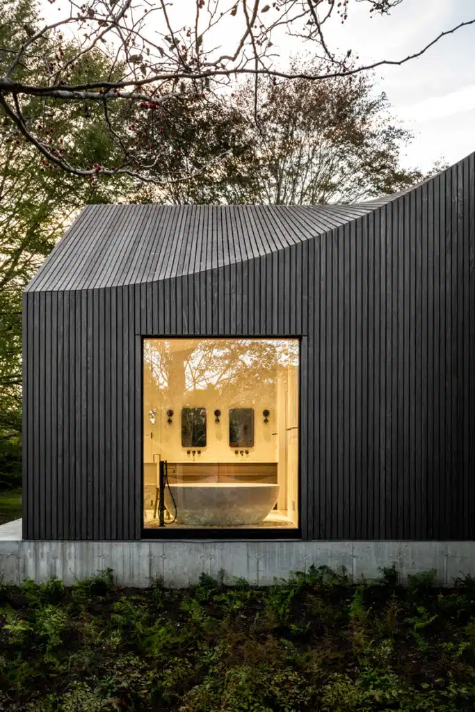 A modern black house in the woods.