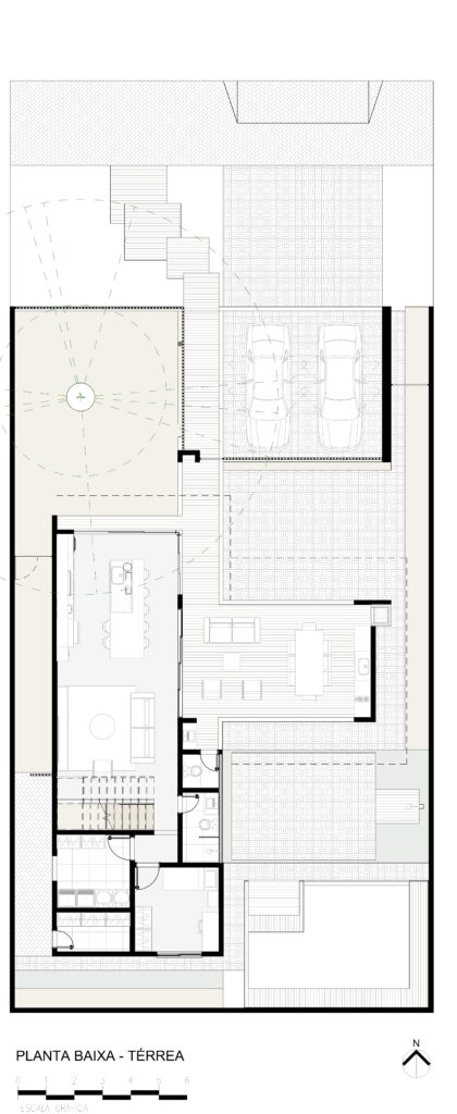 A floor plan of a modern house with a living room and kitchen.