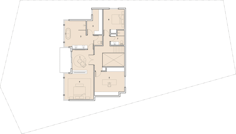A floor plan of an apartment with two bedrooms and two bathrooms, fashioned by BLA Design Group.