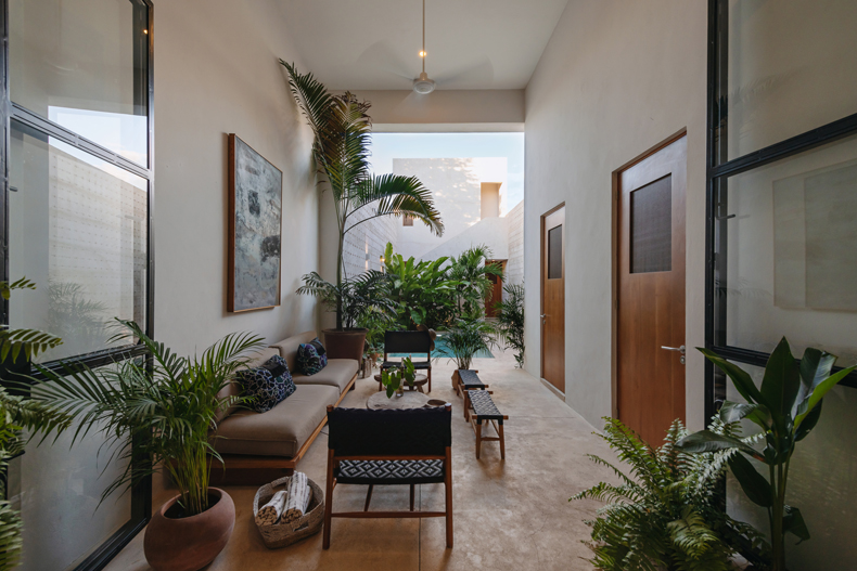 A hallway with a lot of plants and a pool.