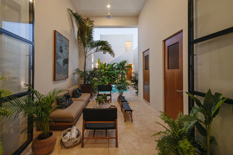 A living room with plants and a balcony.