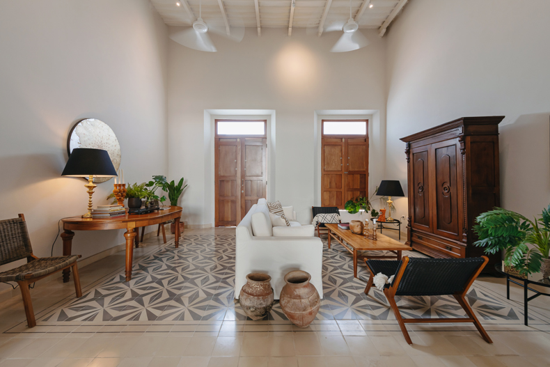 A tiled floor in a living room.