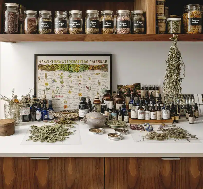 A kitchen with jars of herbs and spices on the counter.