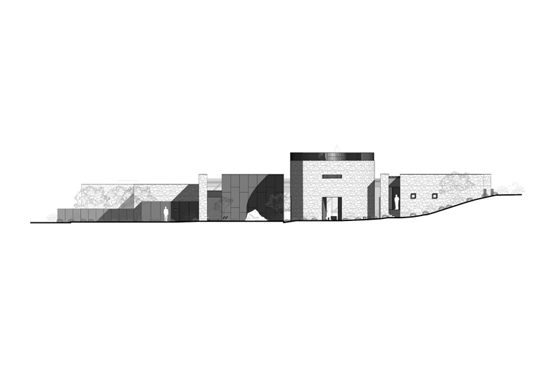 A black and white drawing of a building on top of a hill.