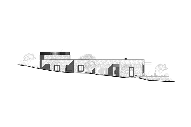 A black and white drawing of a house on a hillside.