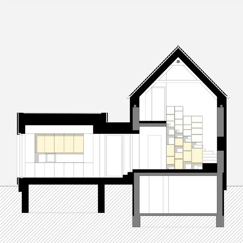 A black and white drawing of a house.