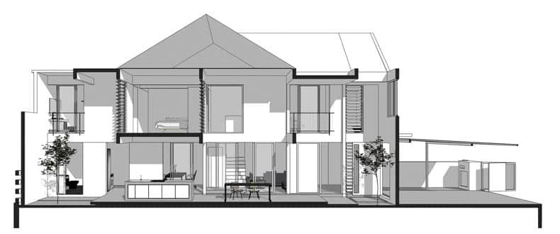 A black and white drawing showcasing the Splendors of Insight House by Core Design Workshop.