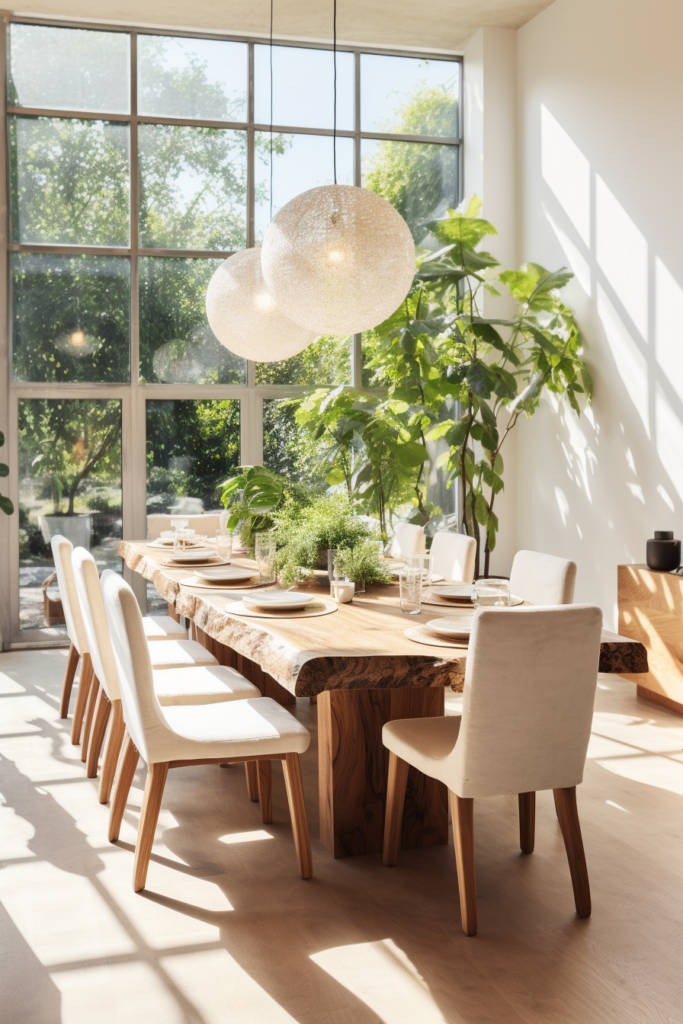 A dining room with a wooden table and chairs.