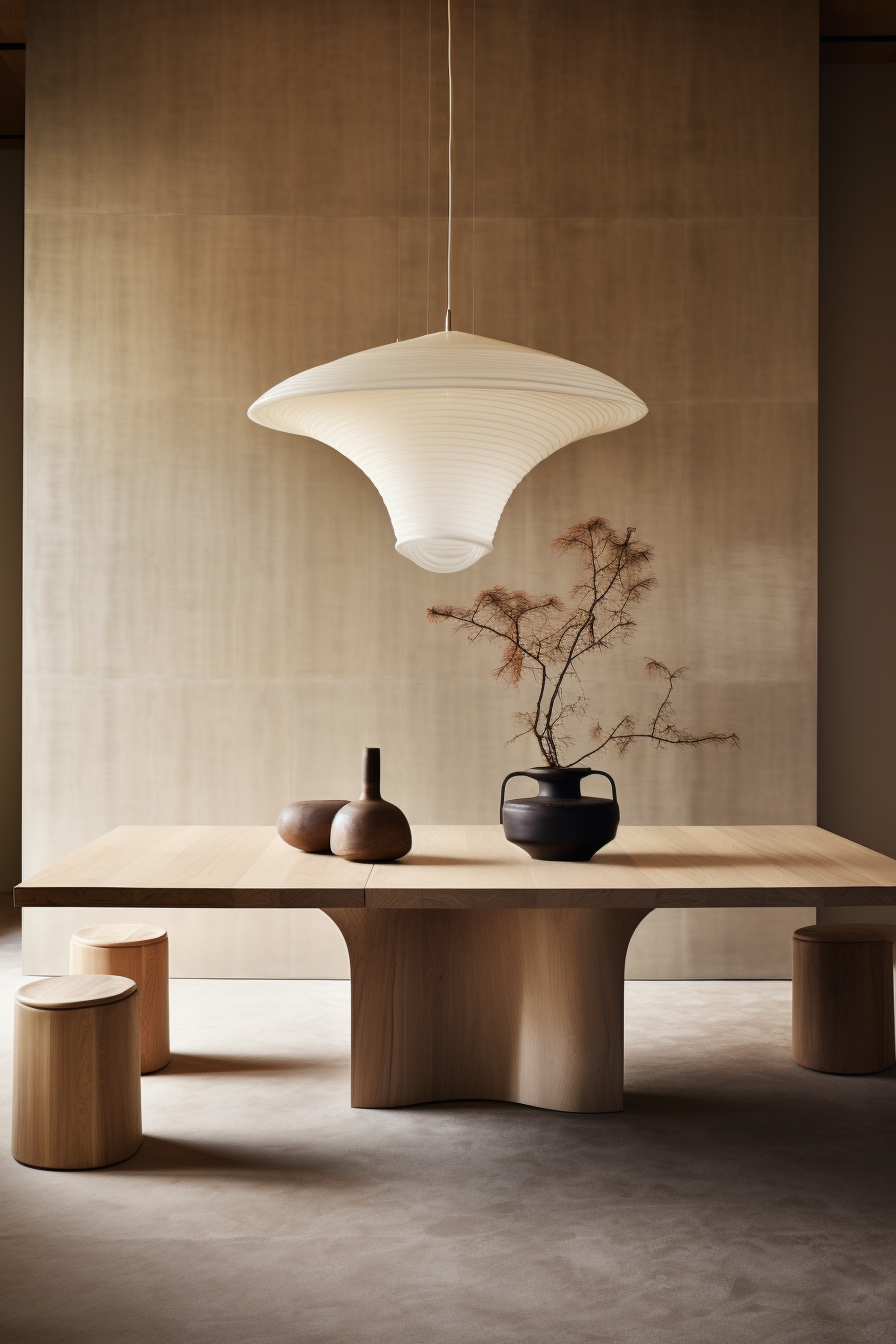An organic wooden table with a modern lamp hanging over it.