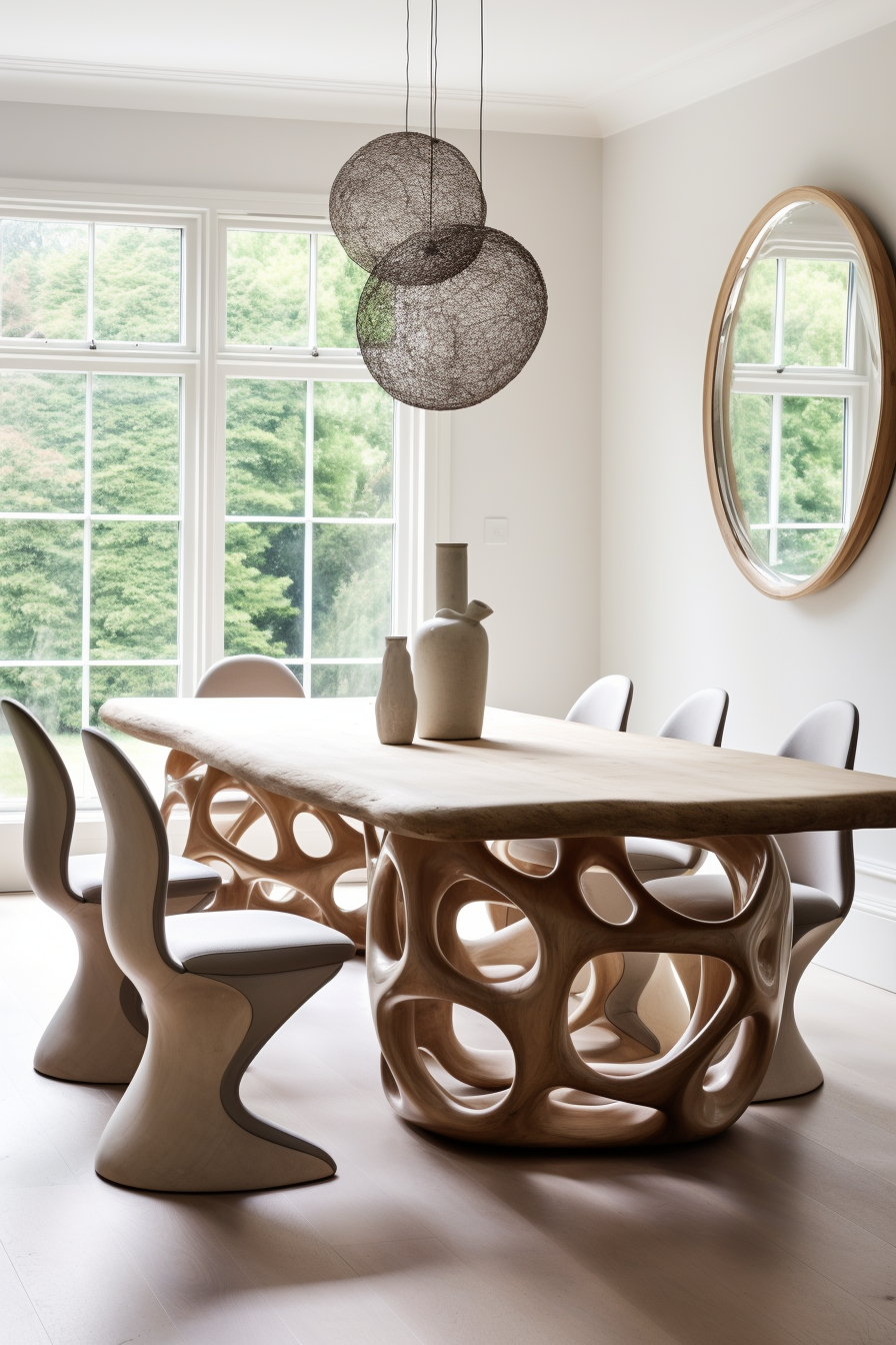 A dining room with an organic modern wooden table.
