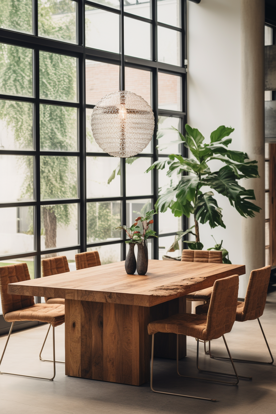 An organic modern dining table in a room with large windows.