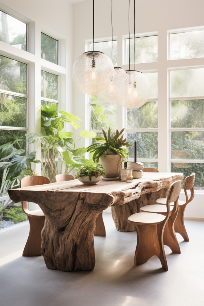 A dining room with a wooden table and chairs.