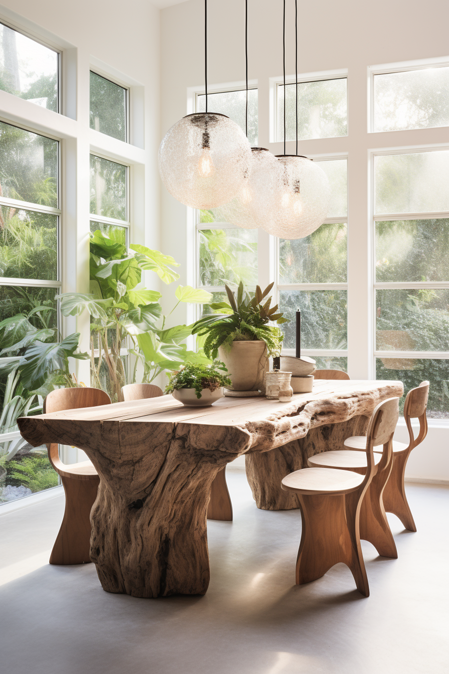 An organic modern dining room with a wooden table and chairs.