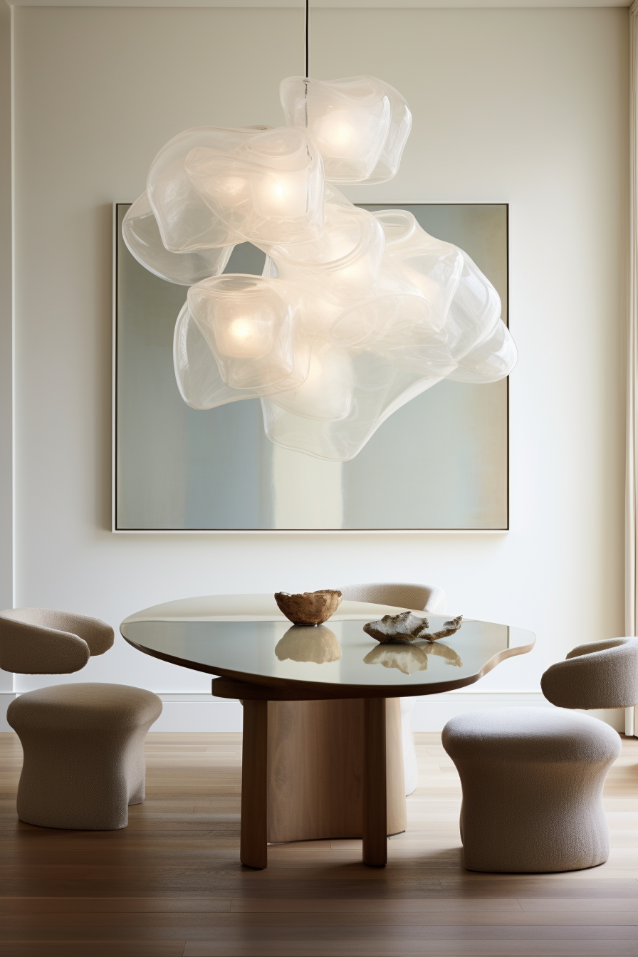 A dining room with an organic modern dining table, chairs, and a chandelier.