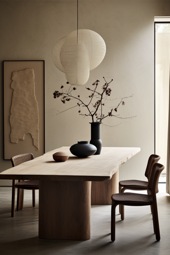 A dining room with a wooden table and chairs.