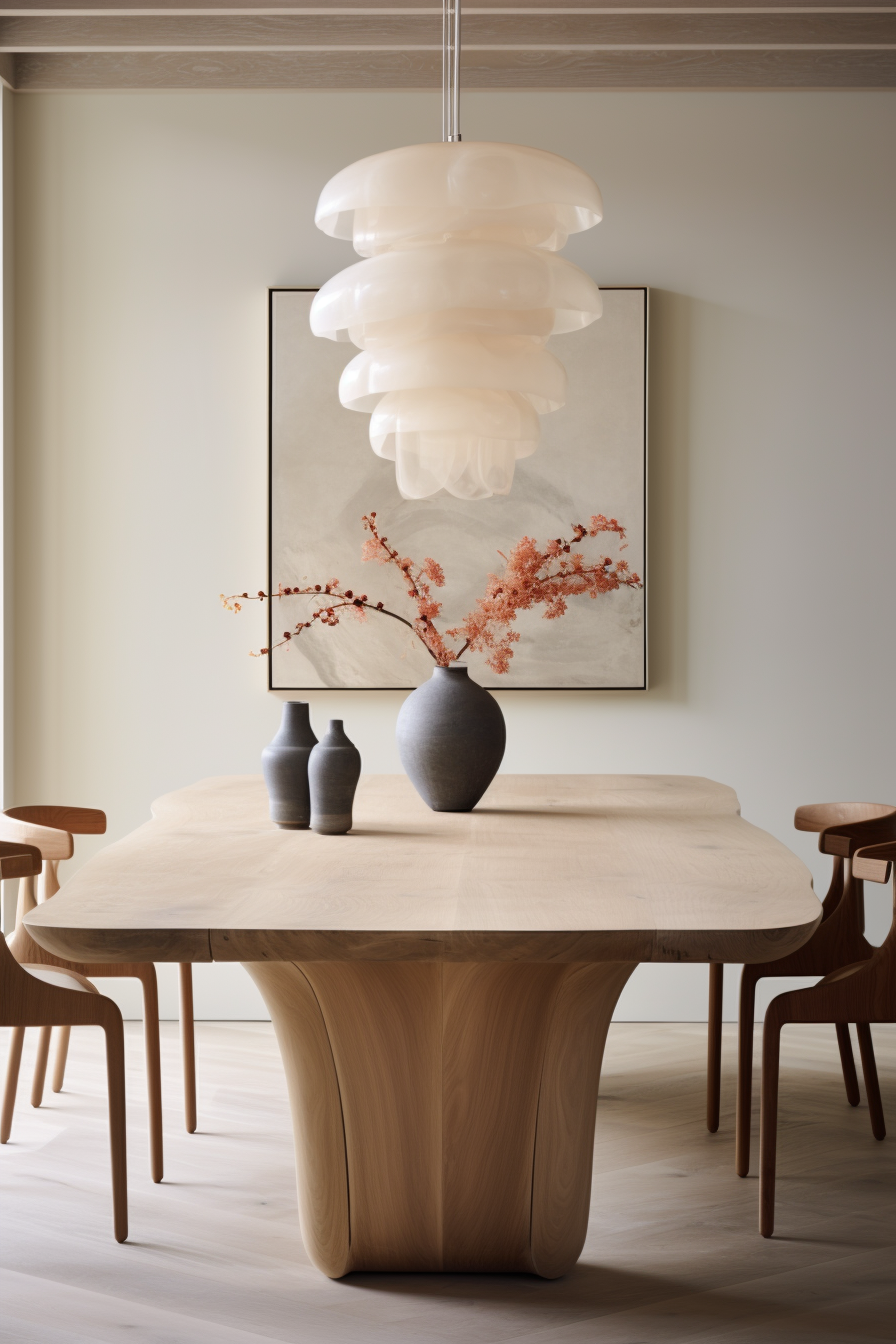 An organic modern dining room with a wooden table and chairs.