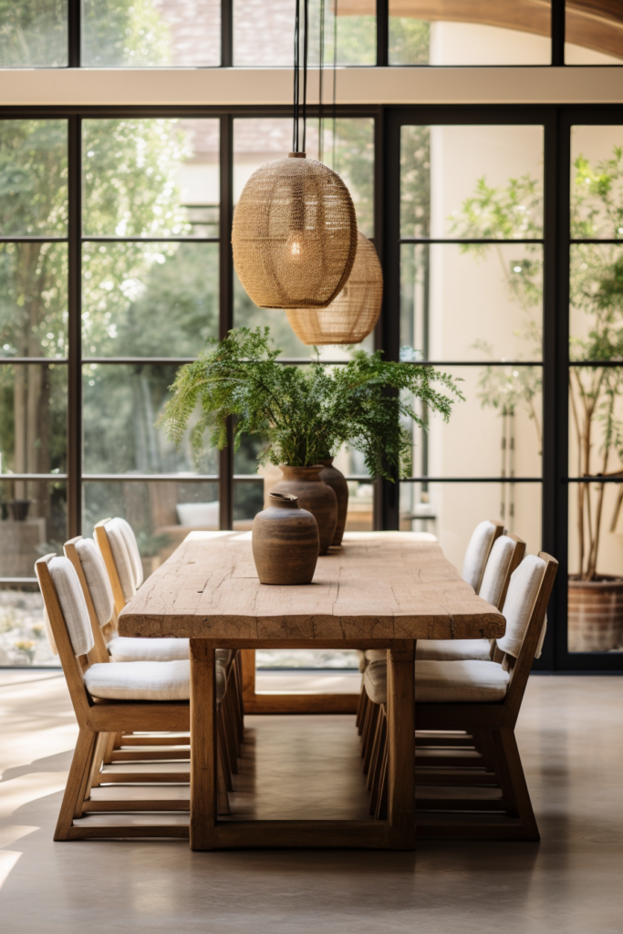 A dining room with a wooden table and chairs.