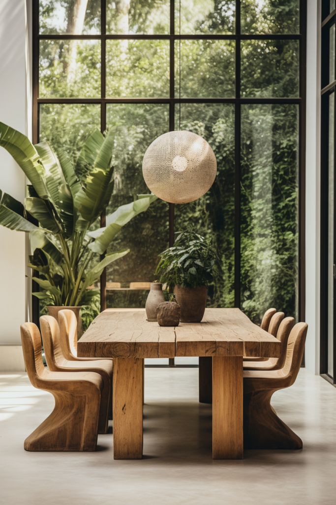 A dining room with a wooden table and chairs.