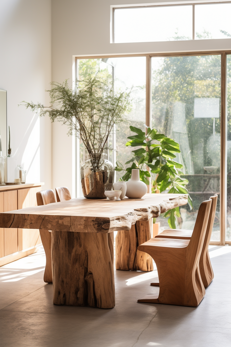 An organic modern dining room with a large table and chairs.