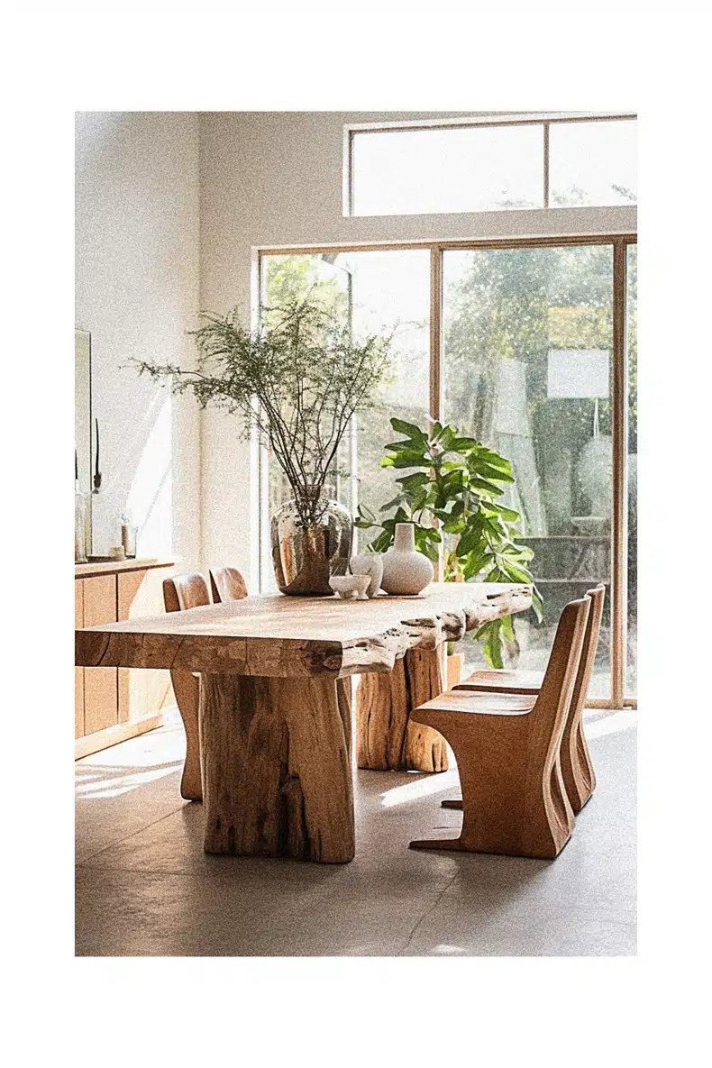 An organic dining room with a wooden table.