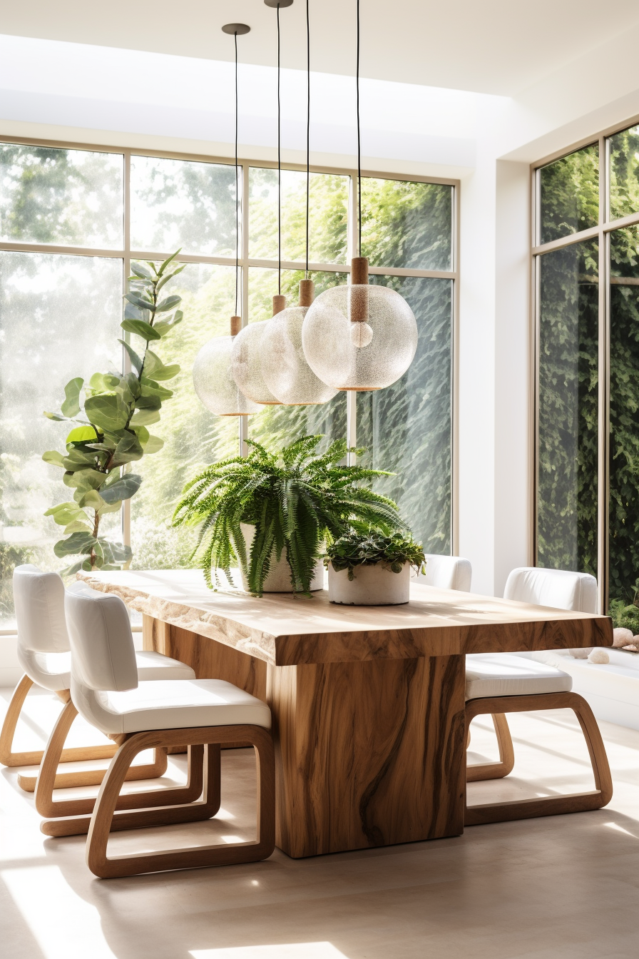 An organic modern dining room featuring a wooden table and chairs.