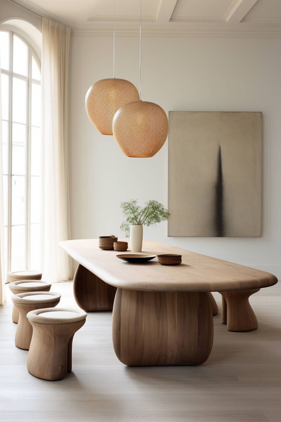 An organic modern dining room with a wooden table and stools.