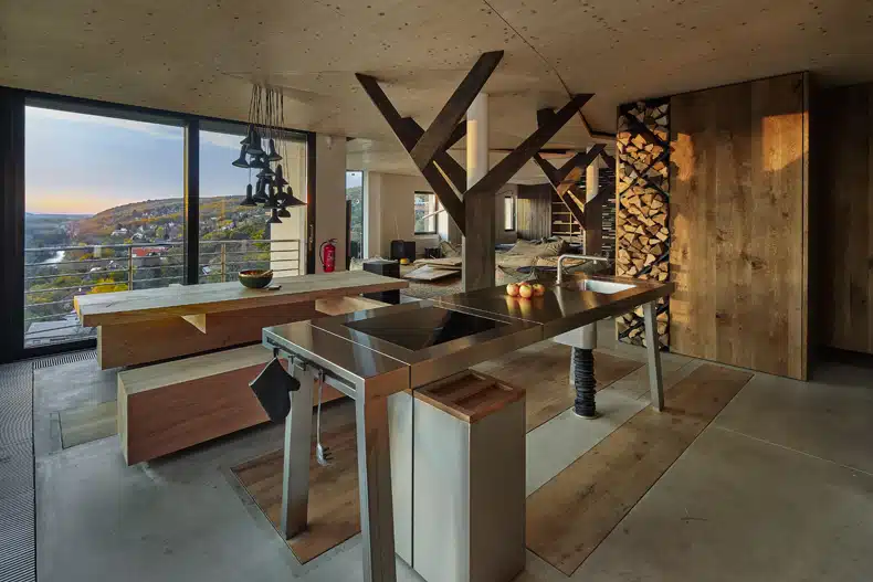 A kitchen with a view of the mountains.