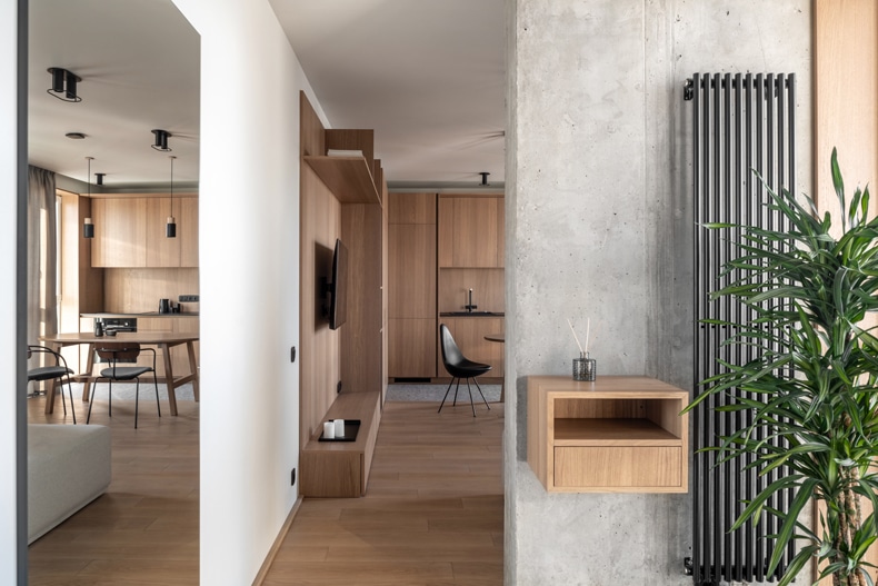 Zaricnyy apartment with wooden walls and a radiator, designed by Kouple.