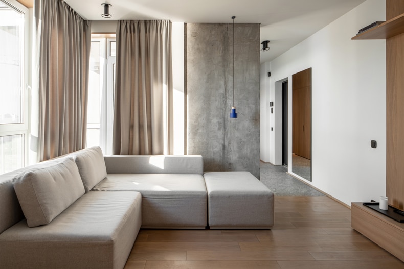 A Zaricnyy apartment featuring a couch and wooden floors.