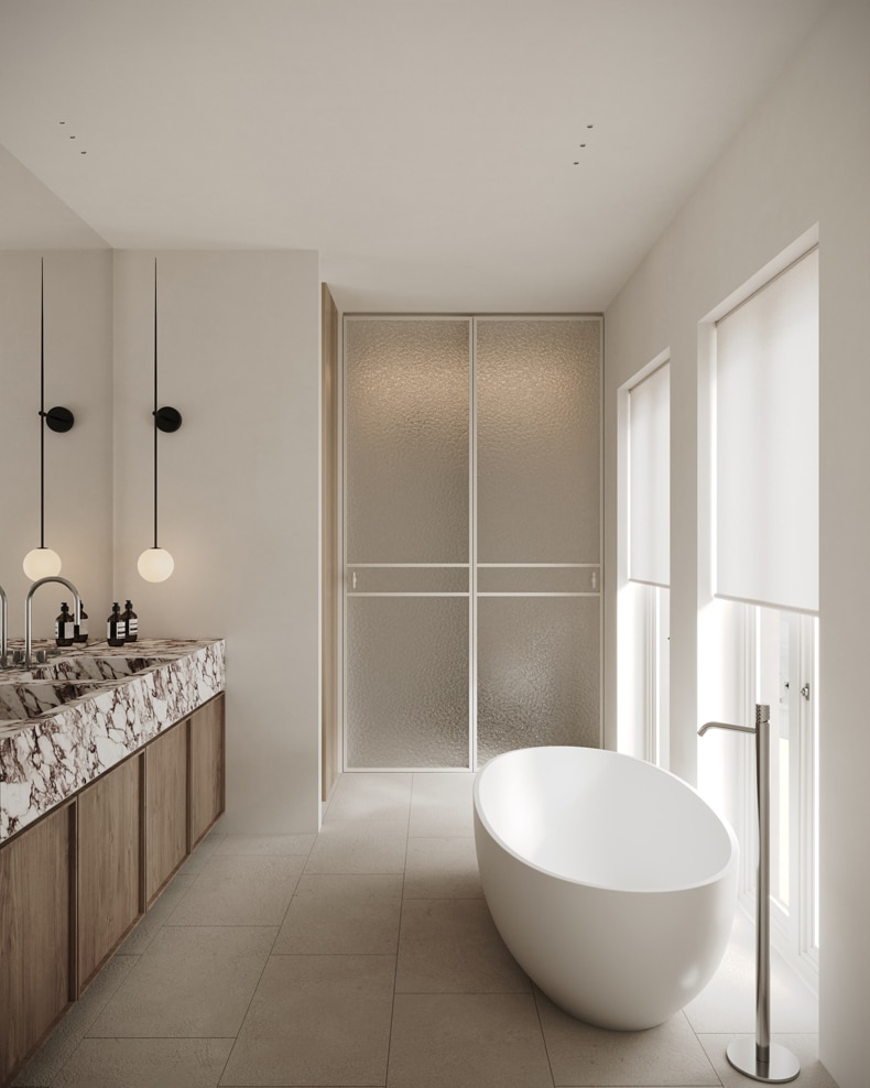 A white bathroom with a large tub and sink in the Penthouse In Jorge Juan By Sofia Oliva.