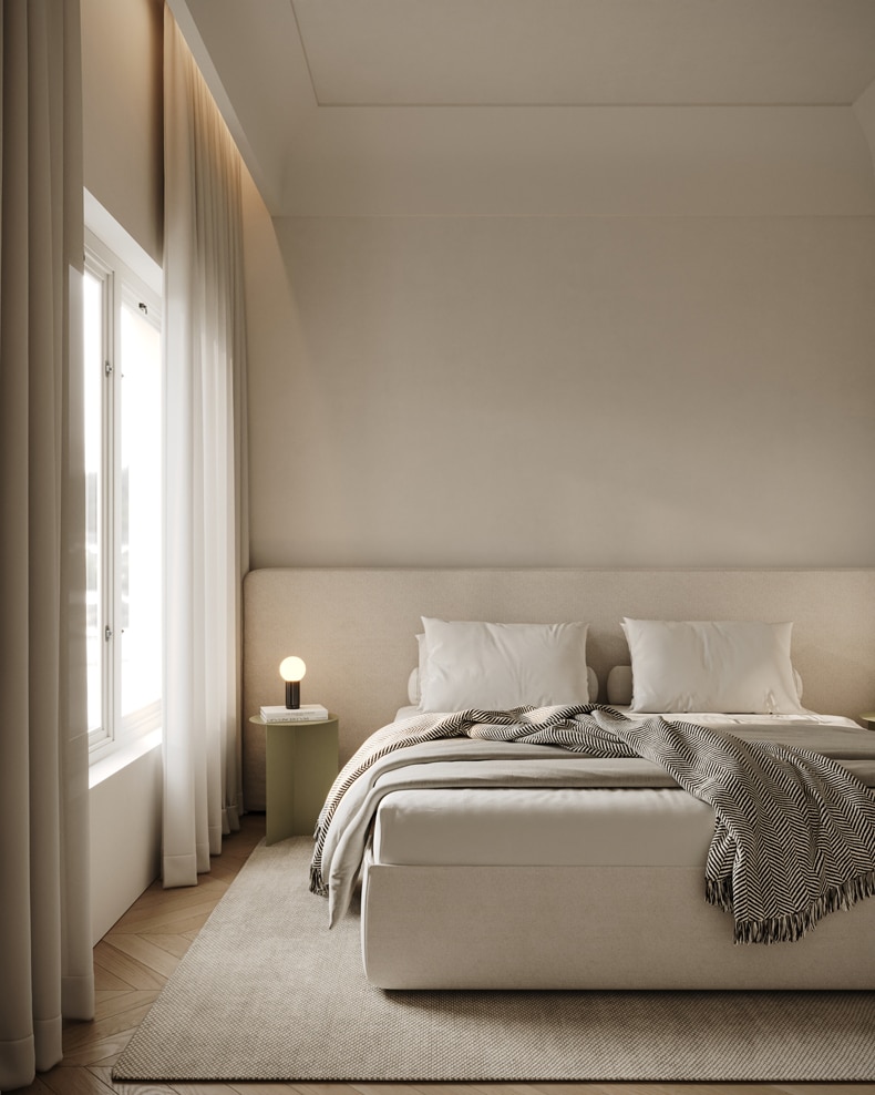 A penthouse bedroom with a bed and a window.