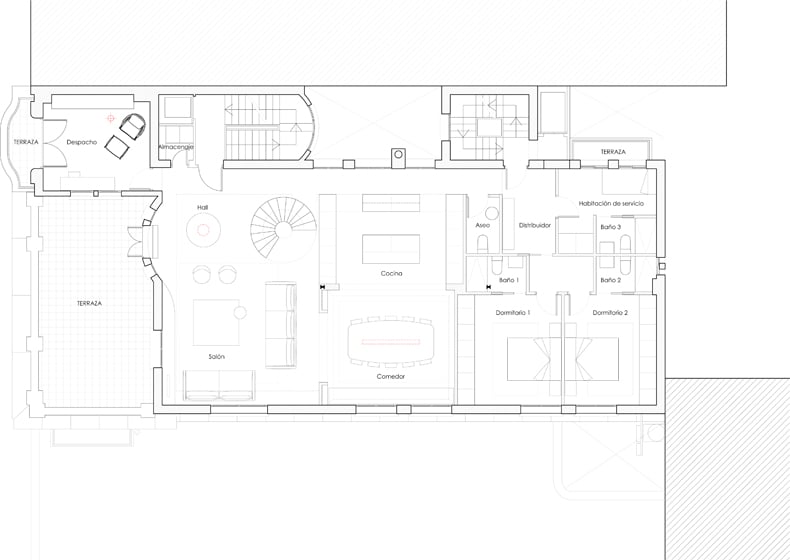 A penthouse floor plan featuring a living room and kitchen.