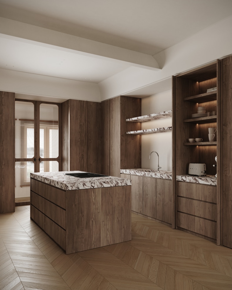 A 3D rendering of a penthouse kitchen with wooden cabinets.