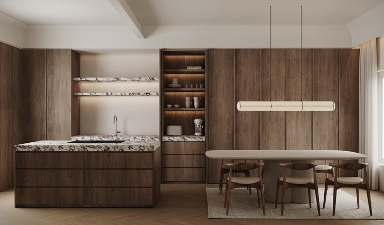 A modern wooden kitchen in the Penthouse In Jorge Juan By Sofia Oliva.