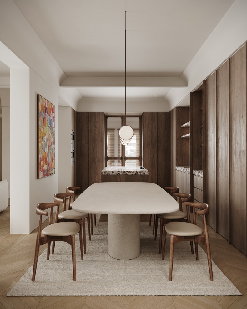 A wooden table and chairs in the penthouse dining room designed by Sofia Oliva.
