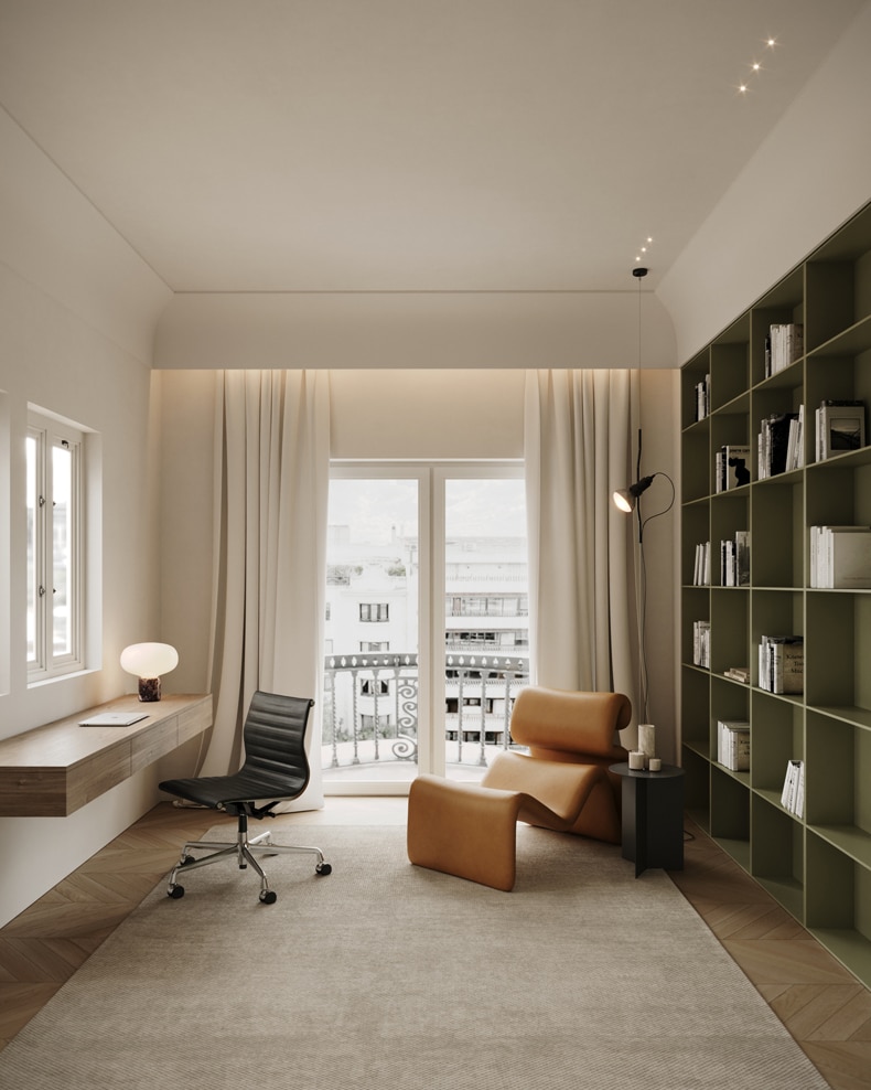 A modern penthouse with bookshelves and a chair, designed by Sofia Oliva.